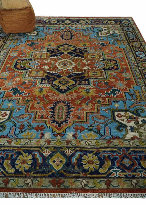 Ready to Ship 8x10 Rust and Blue Traditional Hand Knotted Wool Area Rug