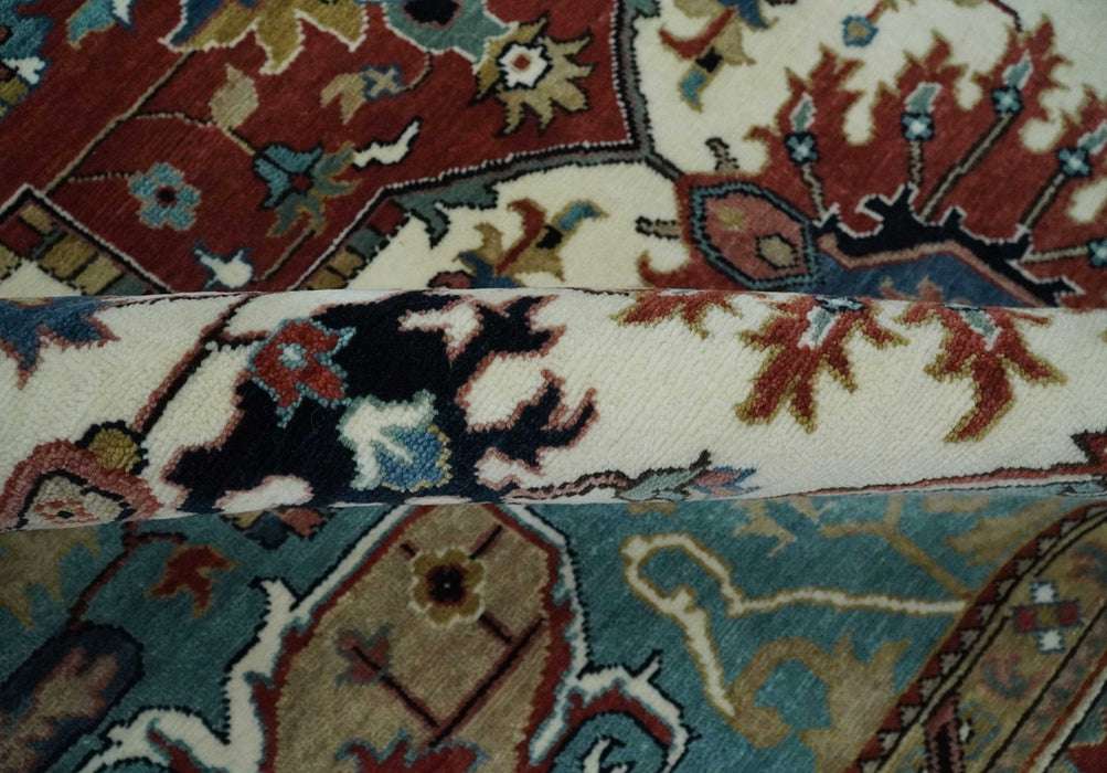Ready to Ship Blue, Rust and Ivory 8x10 Hand knotted Traditional Wool Area Rug