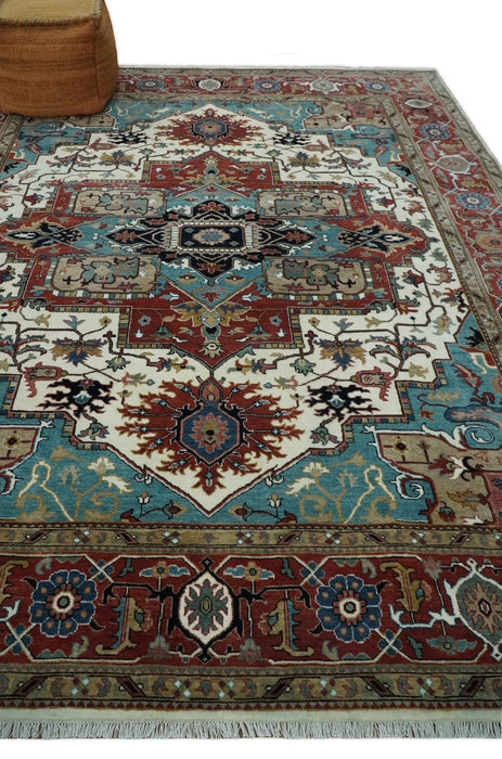 Ready to Ship Blue, Rust and Ivory 8x10 Hand knotted Traditional Wool Area Rug