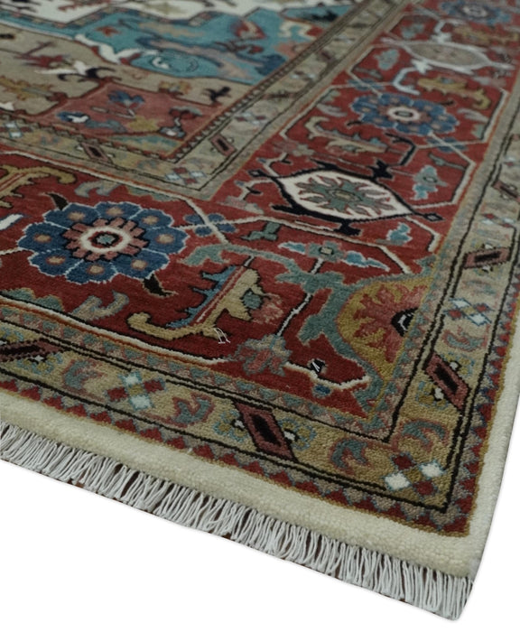 Ready to Ship Blue, Rust and Ivory 8x10 Hand knotted Traditional Wool Area Rug