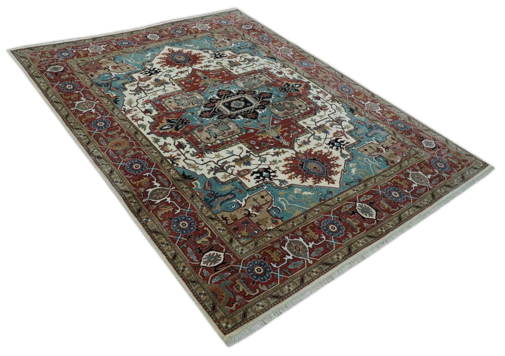 Ready to Ship Blue, Rust and Ivory 8x10 Hand knotted Traditional Wool Area Rug