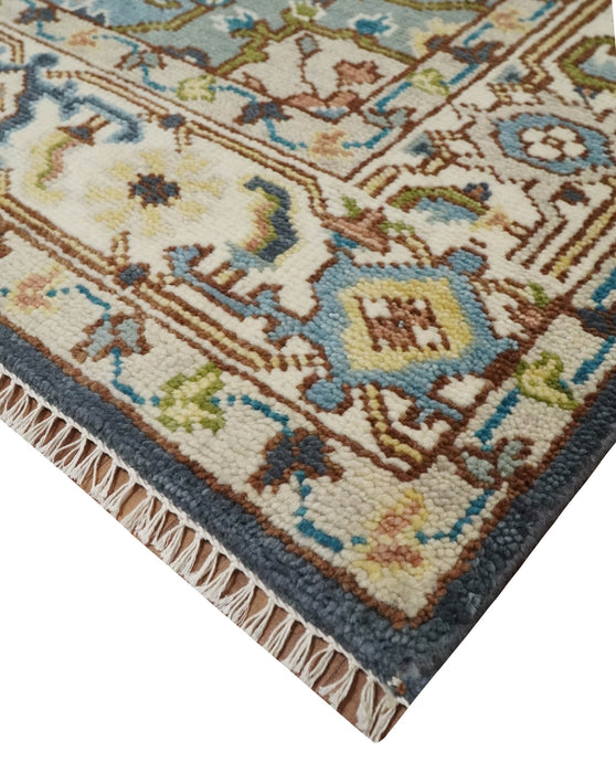 Ready to Ship Hand Knotted Antique Style Turkish Heriz Medallion Ivory and Blue Wool Rug