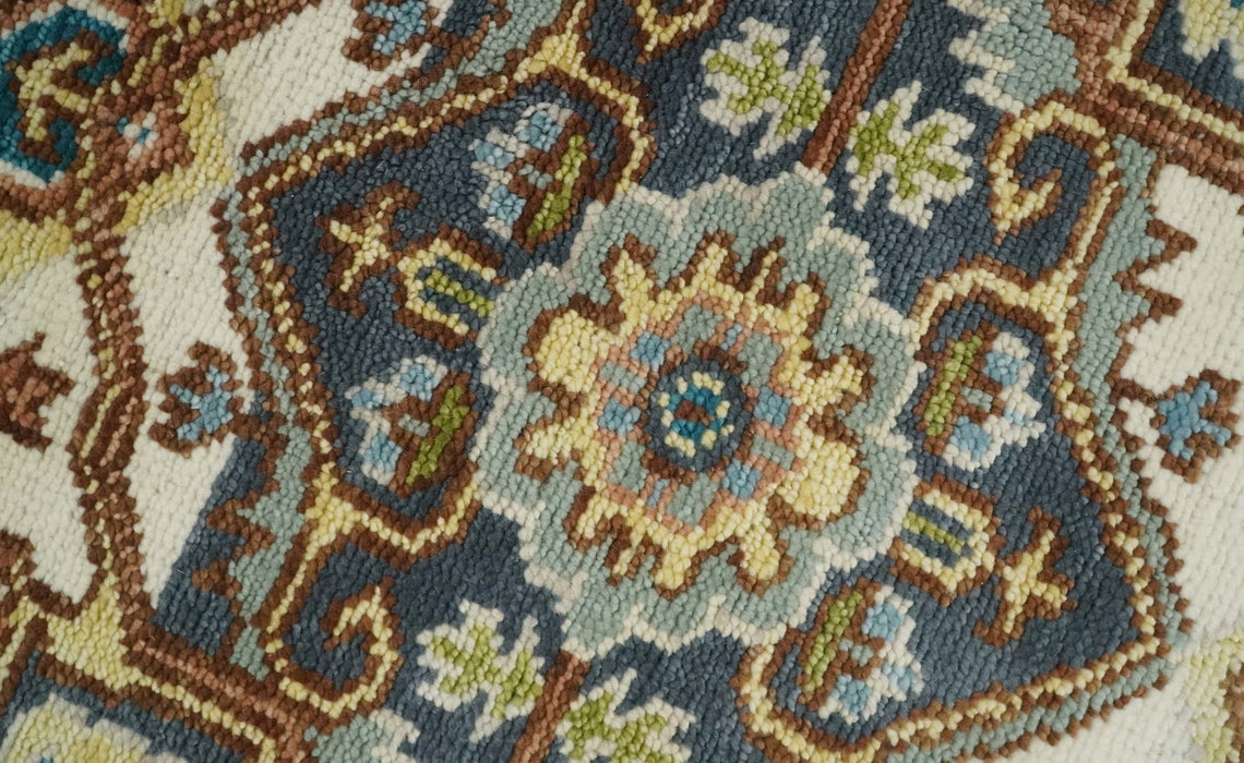 Ready to Ship Hand Knotted Antique Style Turkish Heriz Medallion Ivory and Blue Wool Rug