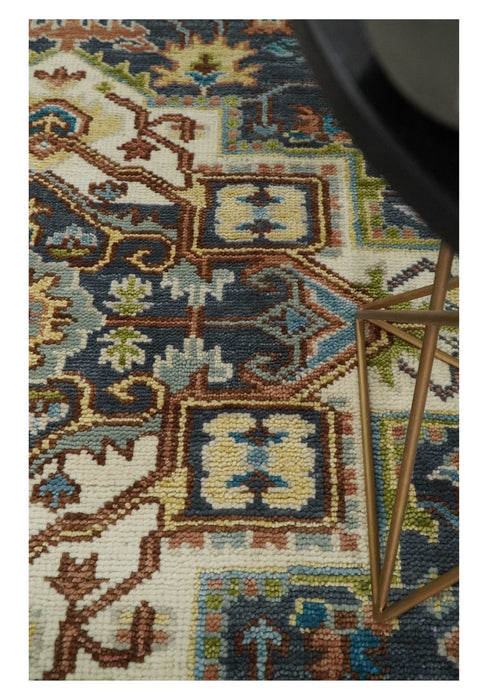 Ready to Ship Hand Knotted Antique Style Turkish Heriz Medallion Ivory and Blue Wool Rug