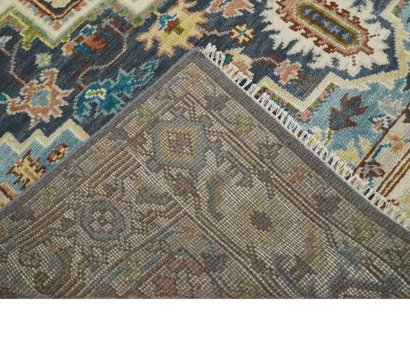 Ready to Ship Hand Knotted Antique Style Turkish Heriz Medallion Ivory and Blue Wool Rug