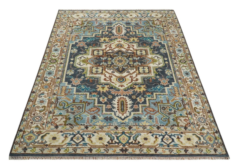 Ready to Ship Hand Knotted Antique Style Turkish Heriz Medallion Ivory and Blue Wool Rug