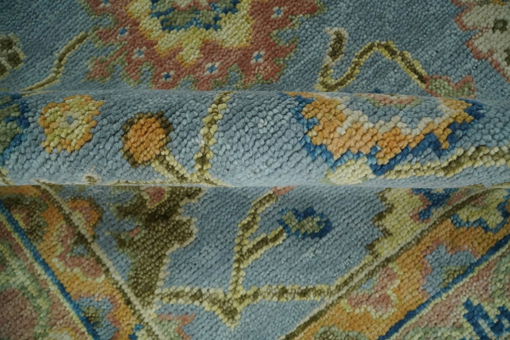 Ready to Ship Hand Knotted Blue and Rust Modern Oushak Area Rug