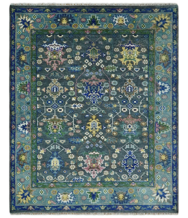 Ready to Ship Hand Knotted Green Moss and Blue Traditional Turkish Design Wool Rug