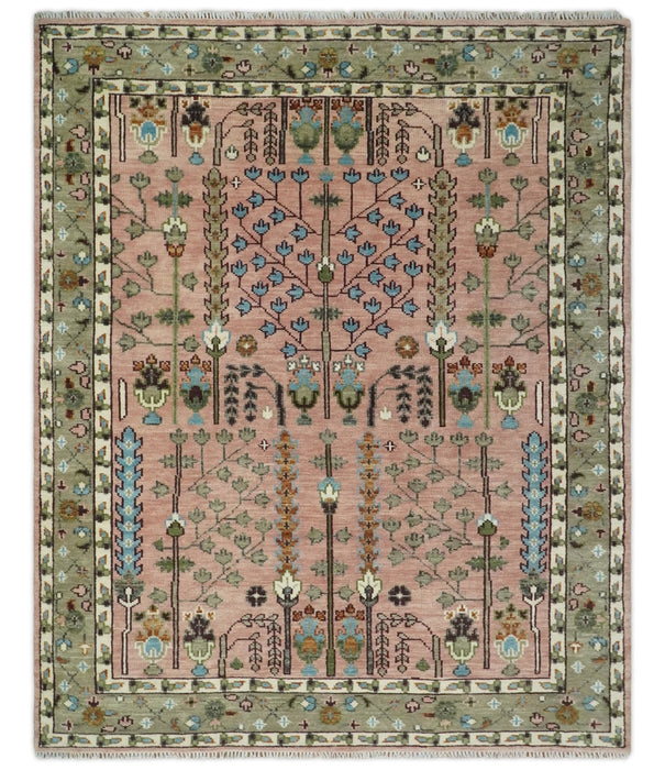 Ready to Ship Pink, Olive and Beige Traditional Vintage Style Tree Wool Rug