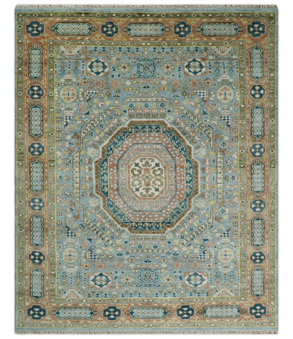 Rust and Blue Mamluk Rug 8x10, 9x12, 10x14 Hand Knotted Antique Style