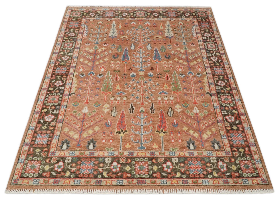 Tree of Life Peach and Brown Hand Knotted 8x10 Traditional Oushak Wool Rug