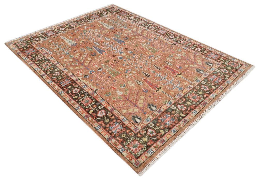 Tree of Life Peach and Brown Hand Knotted 8x10 Traditional Oushak Wool Rug