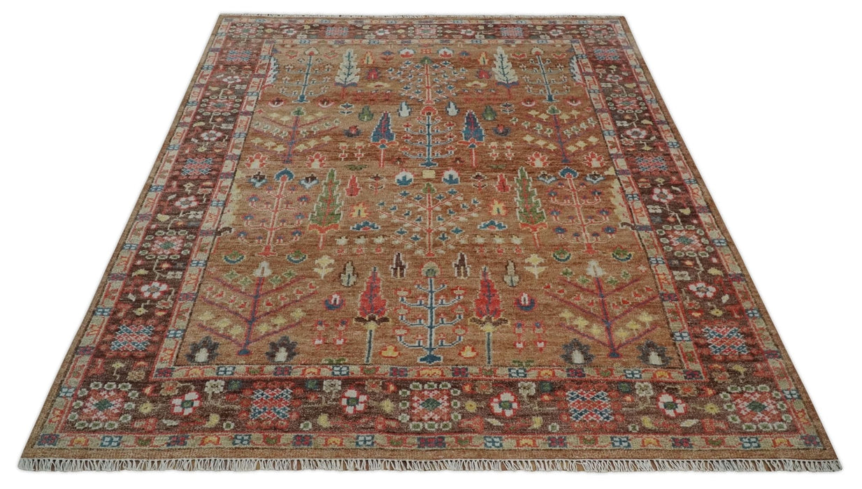 Tree of Life Rust and Brown Hand Knotted 8x10 Traditional Oushak Wool Rug