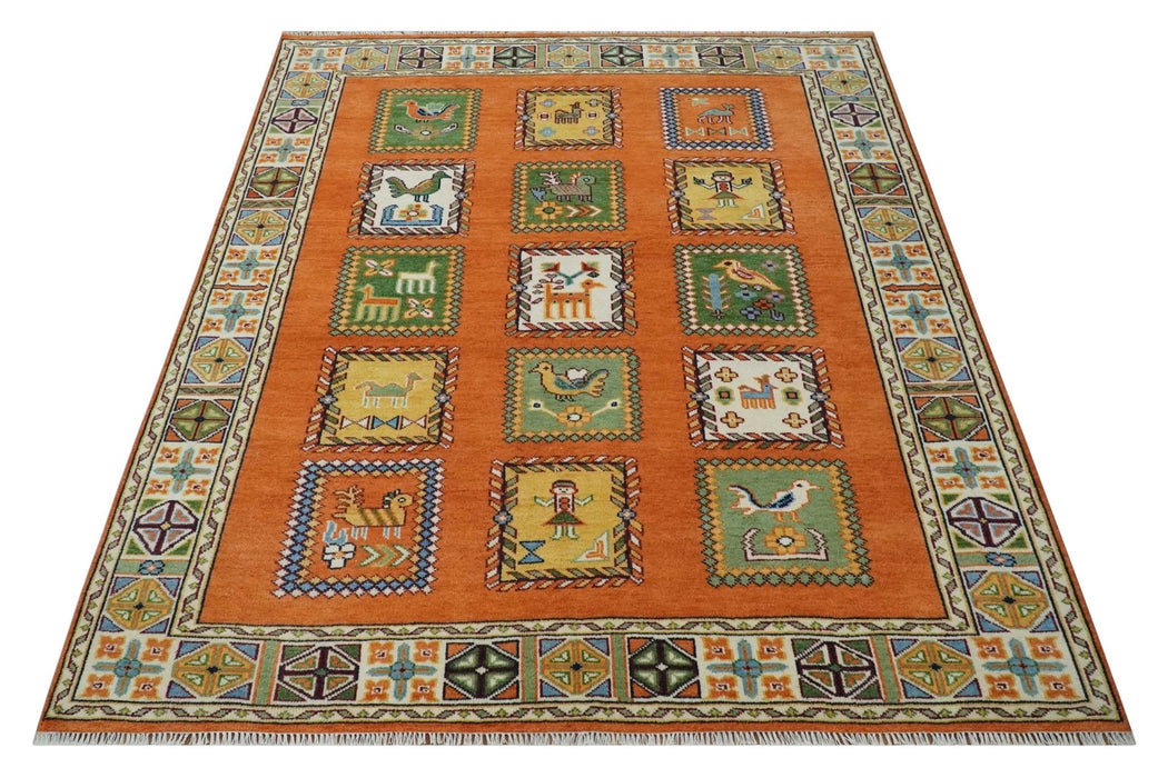 Tribal Gabbeh Rust, Ivory, Green and Beige 8x10 Hand knotted Antique Look Traditional Wool Area Rug
