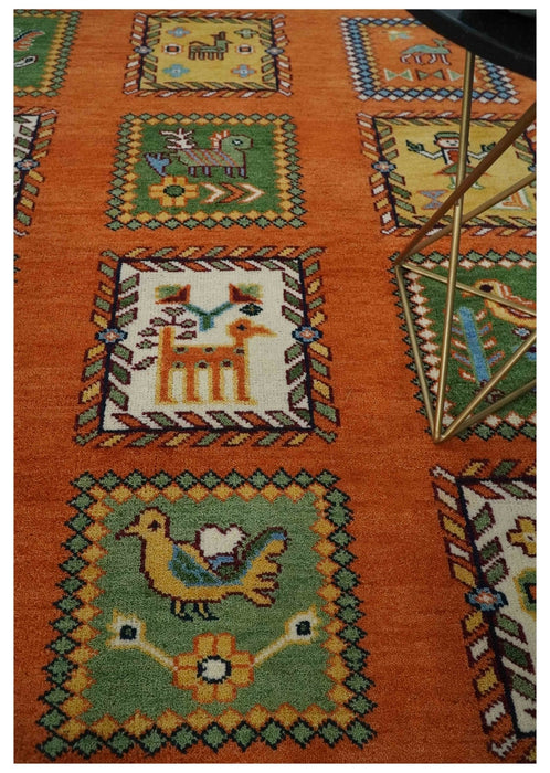 Tribal Gabbeh Rust, Ivory, Green and Beige 8x10 Hand knotted Antique Look Traditional Wool Area Rug