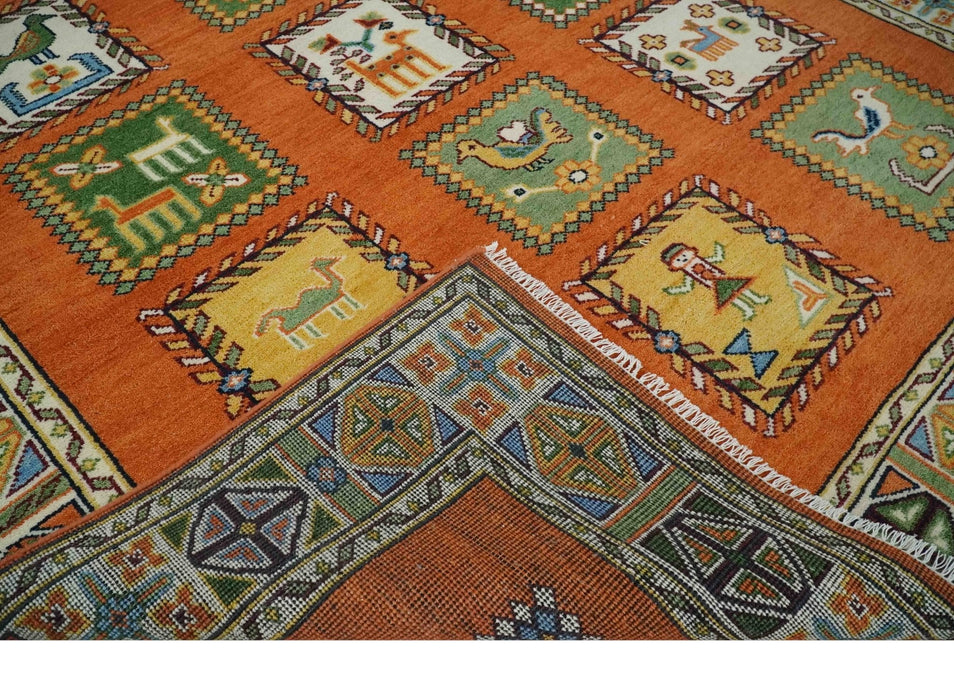 Tribal Gabbeh Rust, Ivory, Green and Beige 8x10 Hand knotted Antique Look Traditional Wool Area Rug