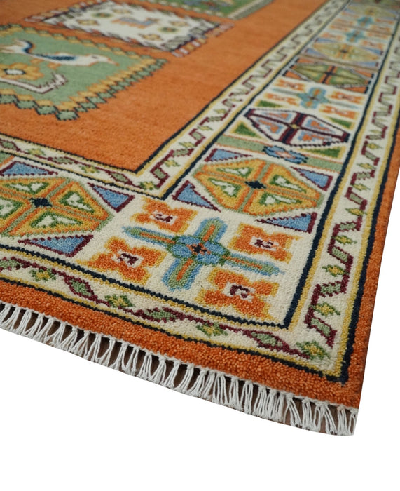 Tribal Gabbeh Rust, Ivory, Green and Beige 8x10 Hand knotted Antique Look Traditional Wool Area Rug