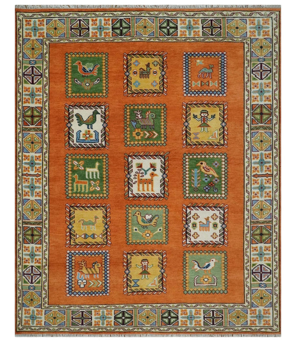 Tribal Gabbeh Rust, Ivory, Green and Beige 8x10 Hand knotted Antique Look Traditional Wool Area Rug