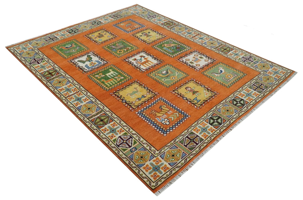 Tribal Gabbeh Rust, Ivory, Green and Beige 8x10 Hand knotted Antique Look Traditional Wool Area Rug