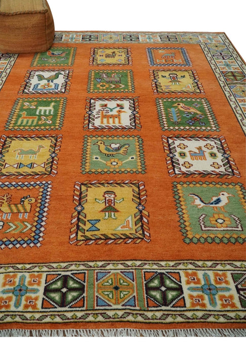 Tribal Gabbeh Rust, Ivory, Green and Beige 8x10 Hand knotted Antique Look Traditional Wool Area Rug
