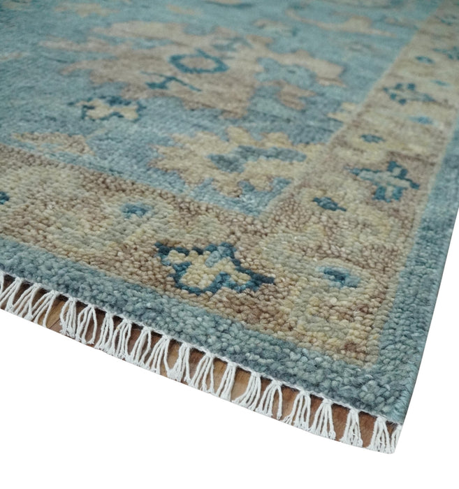 Vintage Style Light Blue and Brown Hand knotted Oushak Multi Size wool Area Rug