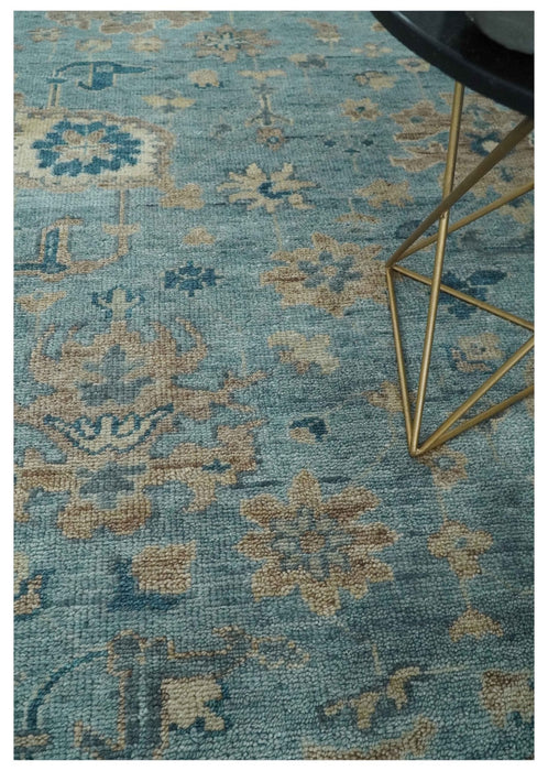 Vintage Style Light Blue and Brown Hand knotted Oushak Multi Size wool Area Rug