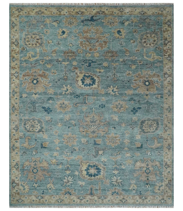 Vintage Style Light Blue and Brown Hand knotted Oushak Multi Size wool Area Rug