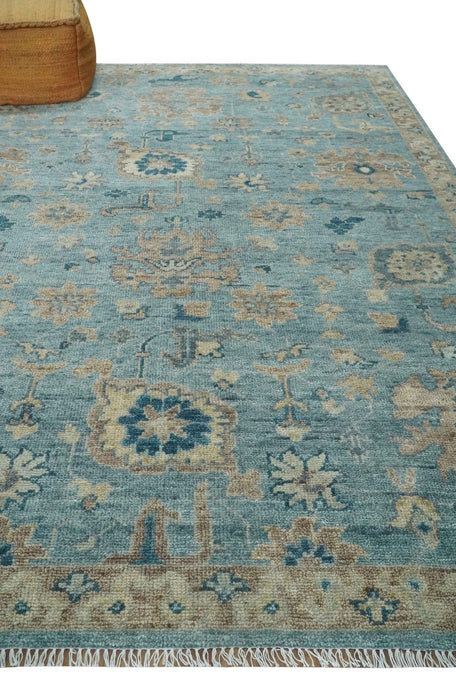 Vintage Style Light Blue and Brown Hand knotted Oushak Multi Size wool Area Rug