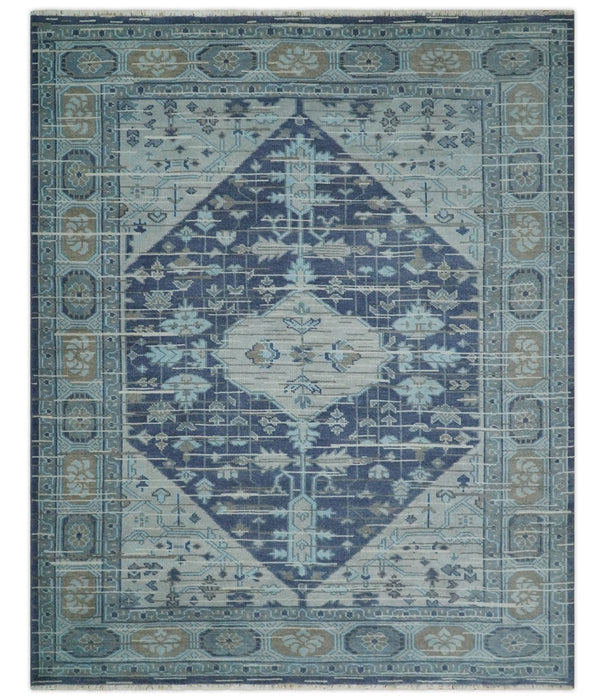 Woolen 8x10 Navy Blue and Beige Traditional Hand Knotted Wool Area Rug