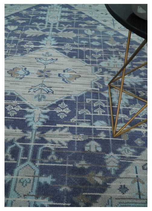 Woolen 8x10 Navy Blue and Beige Traditional Hand Knotted Wool Area Rug