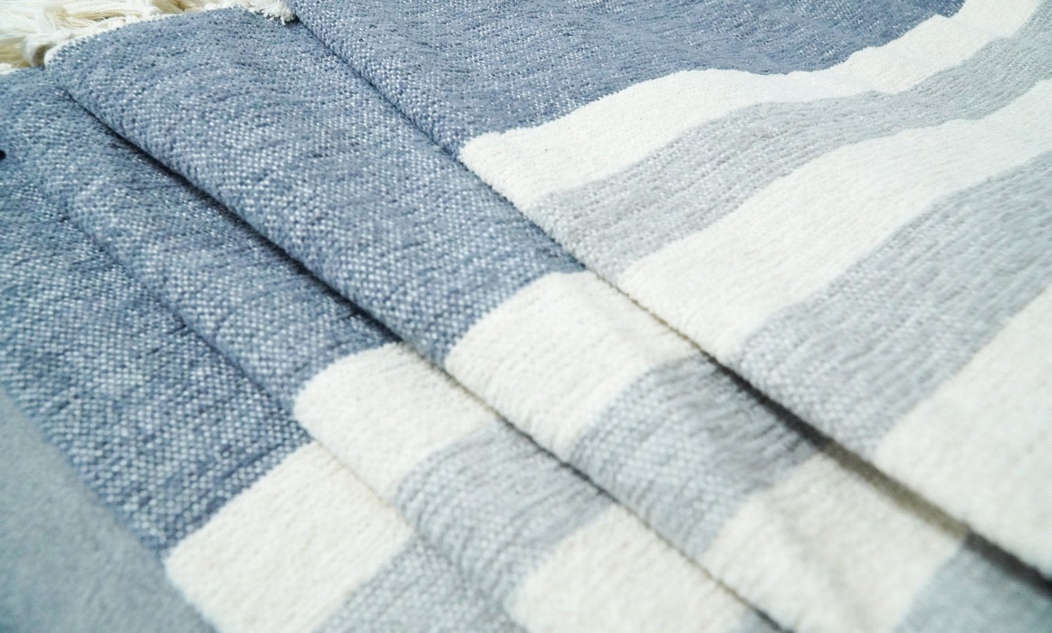 Woven White and Blue Modern Cotton Throw Blanket