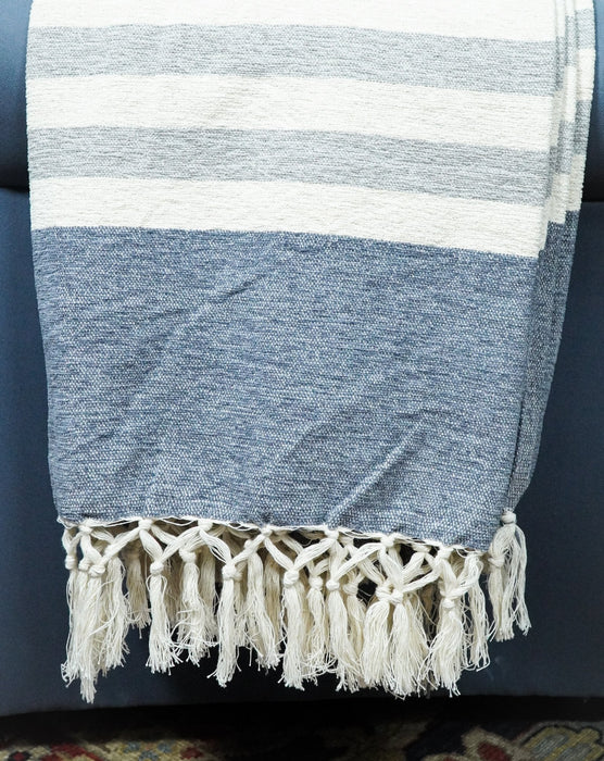 Woven White and Blue Modern Cotton Throw Blanket