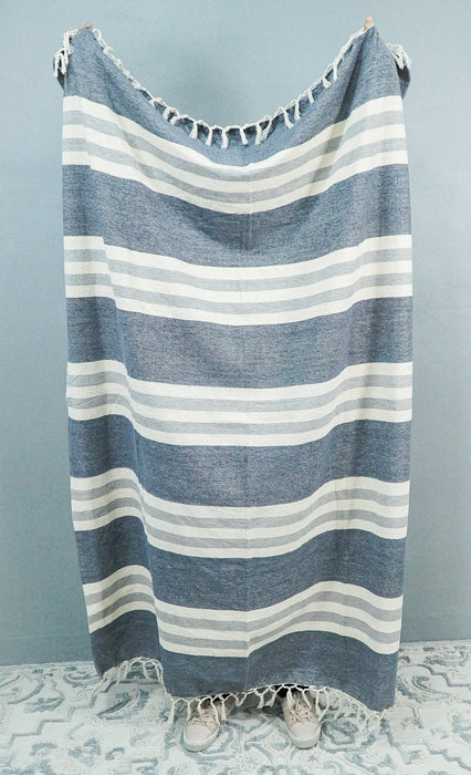 Woven White and Blue Modern Cotton Throw Blanket