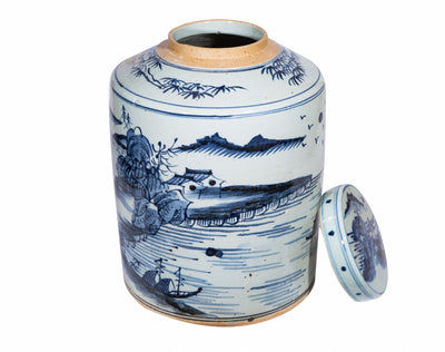 Blue Dynasty Tea Jar with Landscape Motif - vases - traditional