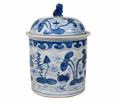 Blue Rustic Lotus Mandarin Duck Temple Jar - vases - rustic modern