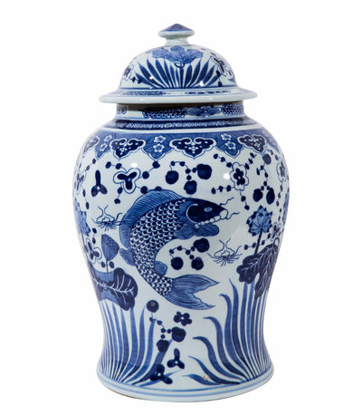 Blue And White Medium Fish Lotus Temple Jar - vases - coastal style
