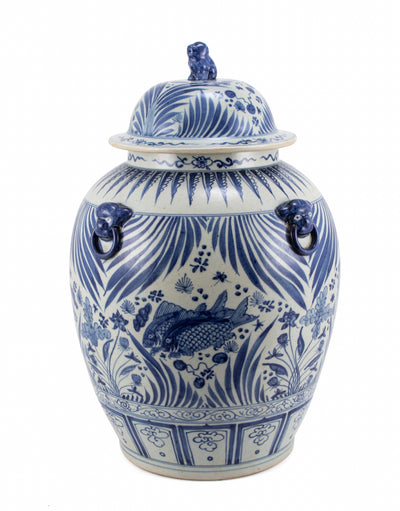 Blue And White Village Fish Lidded Jar Foo Dog Handles - vases - coastal style