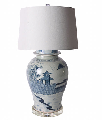 Blue Landscape Temple Jar Lamp with Acrylic Base - lamps - luxury