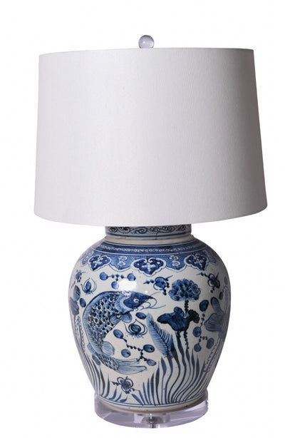 Blue & White Ancestor Lidded Jar Fish Lamp - lamps - coastal style