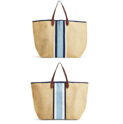 Blue beach and market tote with leather handles - gifts - coastal style